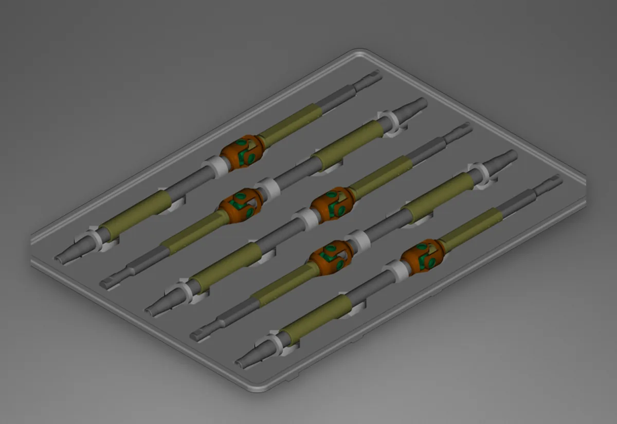 Render do projeto de bandeja de transporte para colunas de direção, com as peças nas cavidades