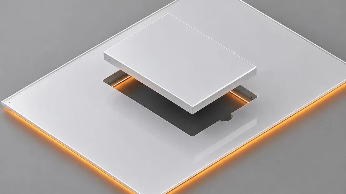 Painel de shaft visitável com a tampa de visita erguida sobre o vão, em render de estúdio