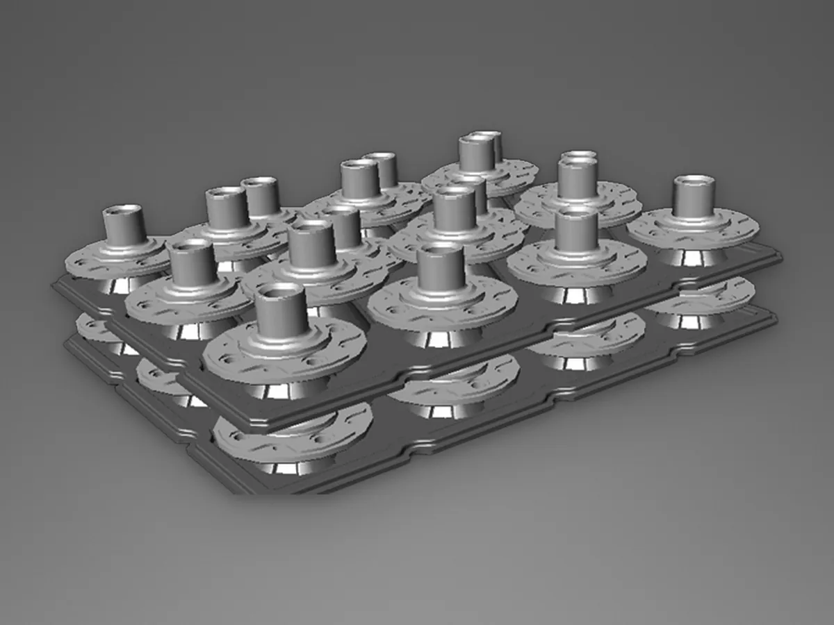 Render de projeto: bandejas empilhadas para suporte de cubo de roda, com as peças nas cavidades