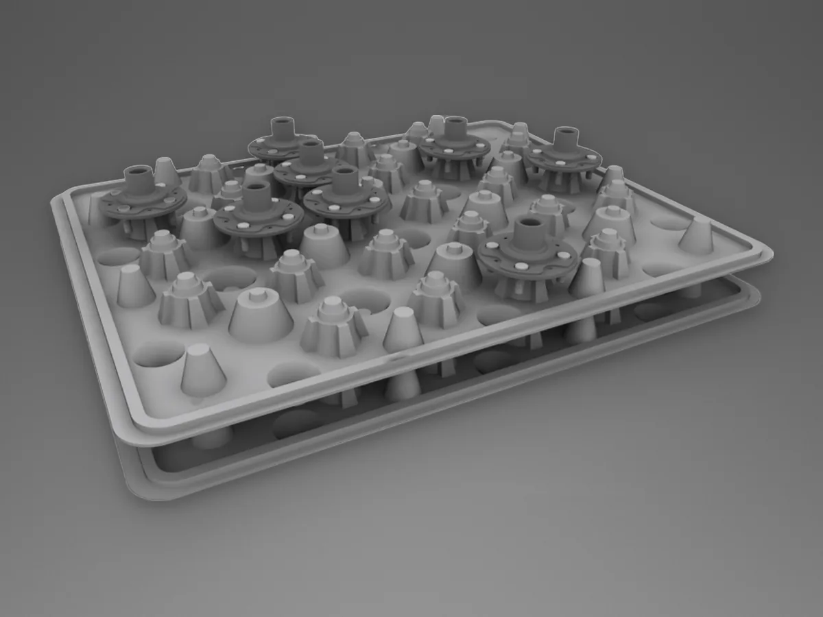 Render de projeto: bandeja cinza com cavidades para suporte de cubo de roda, duas bandejas aninhadas