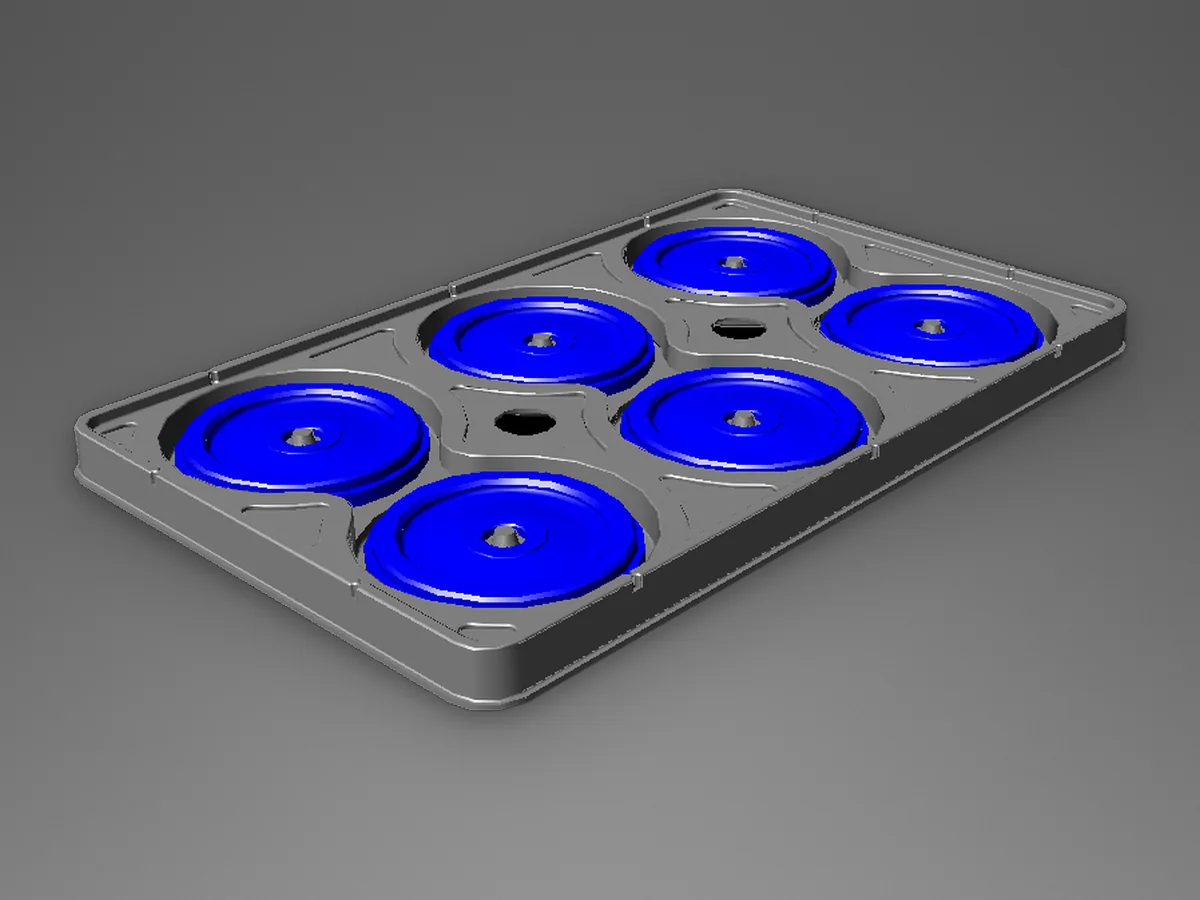 Render de projeto: bandeja para seis volantes de motor, cada um no seu berço