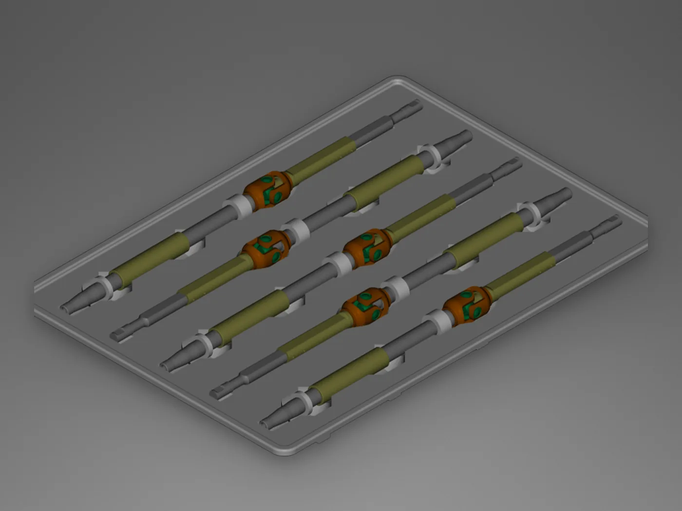 Render do projeto de uma bandeja de transporte para colunas de direção automotivas, com as seis colunas nas cavidades
