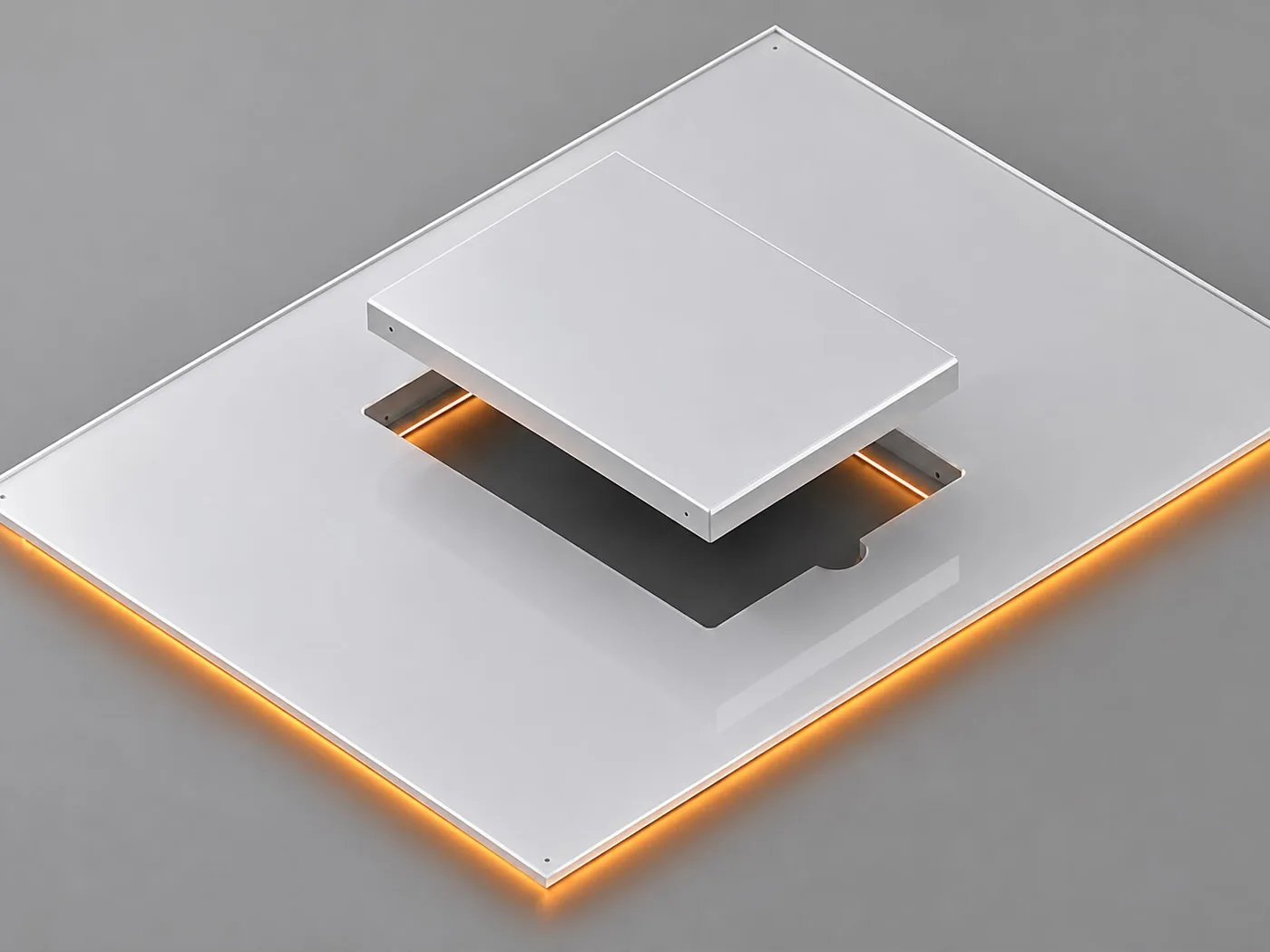 Painel de shaft visitável em render de estúdio, com a tampa de visita erguida sobre o vão